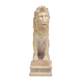 Commodore Mini Lion Sculpture, sitting on a decorative rectangular pedestal base, shown against a plain white background.