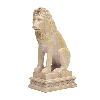 Side view of Commodore Mini Lion Sculpture sitting on a decorative rectangular pedestal base, shown against a plain white background.