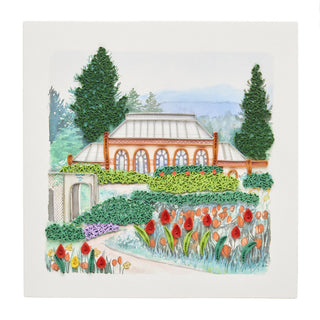 A square note card featuring a colorful paper illustration of botanical gardens with a greenhouse, tall trees, and rows of red and orange tulips, set against a clean white background.