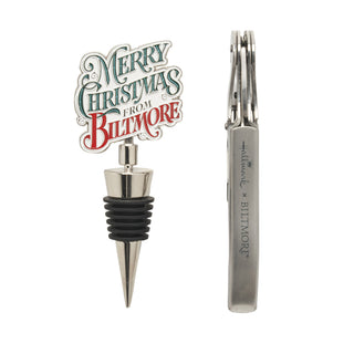 A stainless steel wine stopper and a wine opener. The wine stopper featuring a 'Merry Christmas from Biltmore' enamel pin design, and the wine opener showing the engraved 'Hallmark x Biltmore' brand name.