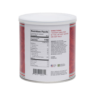 A cylindrical metal tub of hot chocolate with a white lid, showing the back label with nutrition facts, directions, and a barcode on a white background.