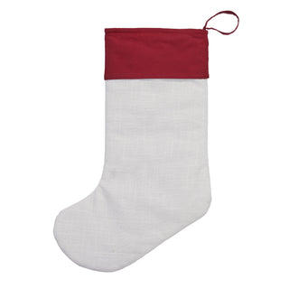 A Christmas stocking with a white textured body and a contrasting red cuff, featuring a hanging loop at the top, shown against a plain white background.