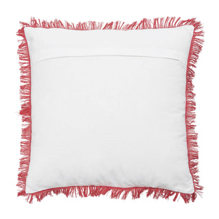 A square white throw pillow with red fringe trim around the edges, shown against a plain white background.