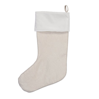 A classic Christmas stocking made of light beige felt with a contrasting white fabric cuff and a small hanging loop, shown against a plain white background.