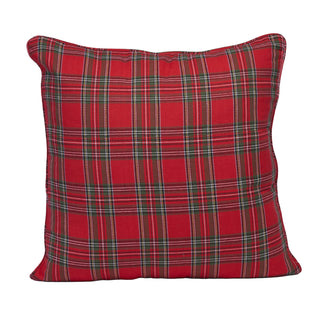 A square throw pillow featuring a classic red tartan plaid pattern with green and white intersecting stripes, shown against a plain white background.