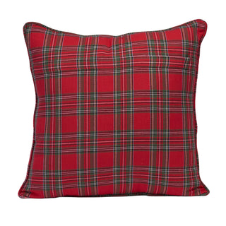 A square throw pillow featuring a classic red and green tartan plaid pattern, shown against a plain white background.