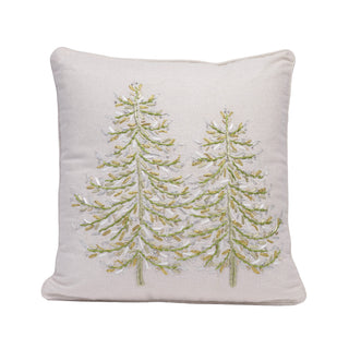 A square off-white throw pillow featuring two embroidered pine trees with green and gold thread details, set against a plain white background.