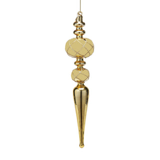 A single gold hanging ornament with a tapered finial bottom, a textured spherical middle section, and a smaller round bead above it, shown on a plain white background.