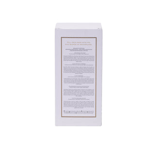 A tall white rectangular product box shown upright against a plain white background, with a large printed label on the front featuring fine gold border lines and small text.