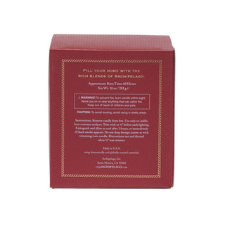 A square dark red cardboard box with a printed back panel showing product information, photographed on a plain white background.
