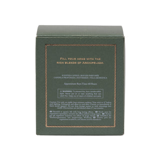 The back of a dark green square box for Archipelago scented candles, featuring gold text and a decorative border on a white background.