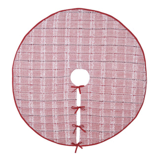 A round tree skirt with a pink and white plaid pattern, a red border, and a central hole tied with four red bows, shown on a plain white background.