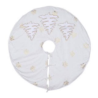 A white circular tree skirt cover with a central cutout, decorated with three gold embroidered Christmas trees and small gold snowflakes, featuring three tie closures at the bottom.