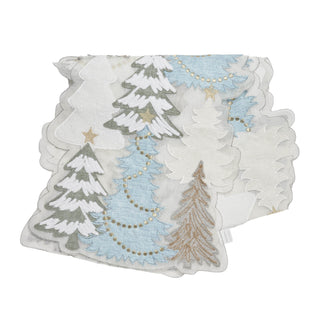 Scalloped fabric table runner featuring embroidered winter Christmas trees in light blue, sage green, and tan on an off-white background.