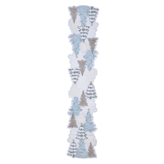A long, narrow white embroidered decorative table runner featuring a repeating pattern of stylized Christmas trees in light blue and taupe-gray, shown on a plain white background.