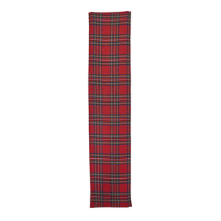 A long rectangular red tartan plaid table runner with green and black stripes, shown flat against a solid white background.