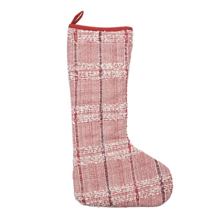 A Christmas stocking with a textured red and white plaid pattern, featuring a red hanging loop at the top, shown against a plain white background.