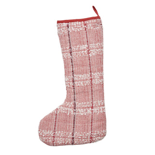 A single Christmas stocking with a textured red and white plaid pattern, featuring a red hanging loop at the top, shown against a plain white background.
