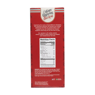 The back of a red box of A Merry Christmas from Biltmore chocolate bar showing the product name, nutritional facts, and ingredients on a plain white background.