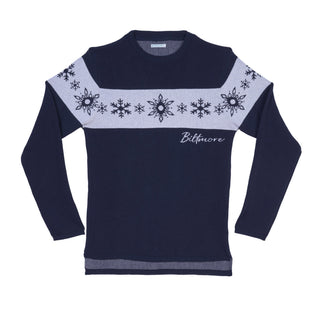 A loose fit navy blue long-sleeve crewneck sweater with a light gray horizontal chest band decorated with blue snowflakes. The brand name 'Biltmore' in white script on the left chest.