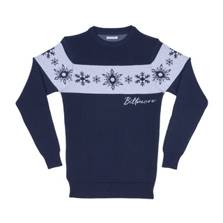 A navy blue crewneck sweater cinched at the bottom with a light gray horizontal chest band decorated with navy snowflakes and the word 'Biltmore' in white script.