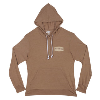 front of a brown heathered pullover hoodie with white drawstrings and a small beige 'Biltmore' logo patch on the left chest, displayed on a clean white background.