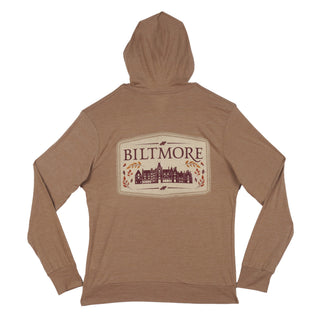 A brown long-sleeve hoodie shown from the back, featuring a large rectangular graphic print on the center back with the word 'Biltmore' and a building illustration.
