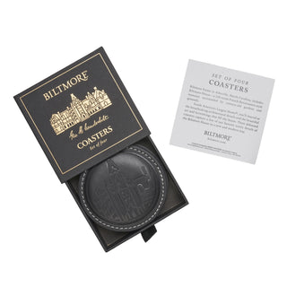 Biltmore set of four coasters in a black presentation box with gold detailing, shown open with a coaster visible, alongside a white product information card on a white background.