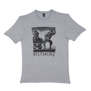 A heather gray short-sleeve crewneck t-shirt featuring a black graphic print of a classical fountain sculpture with the word 'BILTMORE' printed underneath, displayed on a clean white background.