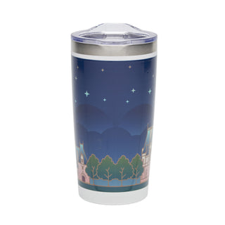 A tall insulated travel tumbler with a clear lid, featuring a printed Biltmore-themed night sky design with castle silhouettes, trees, and stars on a white background.