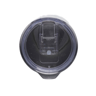 A top-down view of a clear plastic tumbler bottle lid with a flip-top straw opening, on a white background.