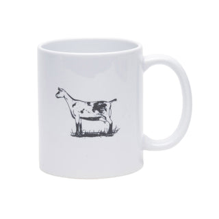 A white ceramic mug with a black line art illustration of a goat standing on grass, shown against a plain white background.