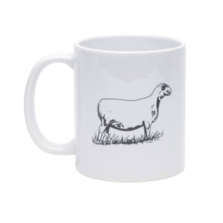 A white ceramic mug featuring a black line art illustration of a sheep standing in grass, shown against a plain white background.