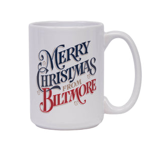 A white ceramic mug featuring the text 'Merry Christmas From Biltmore' in stylized navy and red lettering, shown against a plain white background.