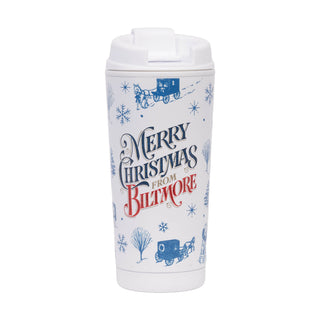 A white metal tumbler featuring the text 'Merry Christmas From Biltmore' in stylized navy and red lettering, shown against a plain white background.