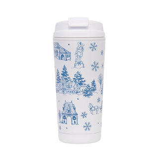 A white metal mug with a blue illustrated graphic of a winter village scene with pine trees, Biltmore house, shown on a plain white background.