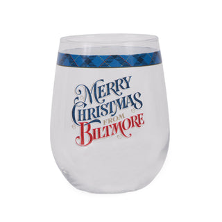 A clear stemless wine glass with a blue patterned band near the rim and the text 'Merry Christmas From Biltmore' printed on the front in blue and red, shown on a white background.