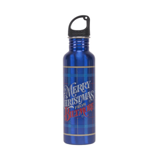 A blue stainless steel water bottle with a black loop cap, featuring a blue plaid pattern and the text 'Merry Christmas from Biltmore.