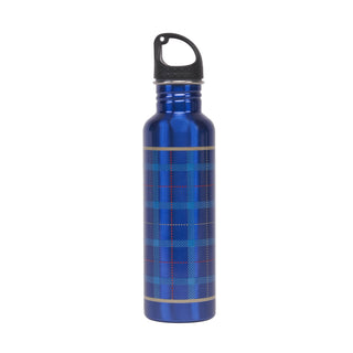 A blue water bottle with a blue, teal, and red plaid pattern, featuring a black plastic loop cap, shown against a plain white background.