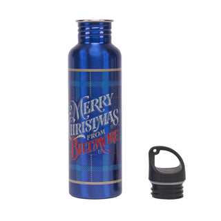 A blue insulated water bottle with a holiday plaid pattern and the text 'Merry Christmas from Biltmore' in white and red, shown next to a black carabiner-style lid on a white background.