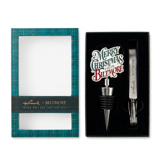 Hallmark x Biltmore wine bottle stopper and opener set shown in its packaging, featuring a teal plaid box on the left and the black presentation box on the right.